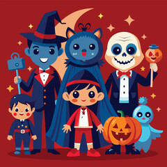 A colorful illustration featuring five Halloween characters dressed in costumes, including a vampire, a skeleton, a pumpkin, and more