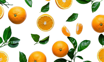3 oranges with leaves on a white background, cut in half, a whole orange next to it, in the style of hyper realistic photography