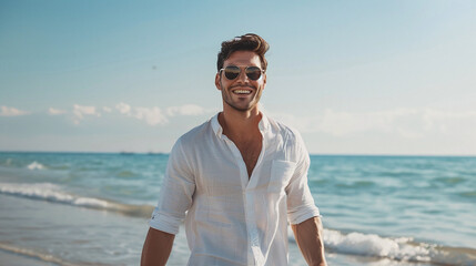 A male tourist of Asian descent wearing sunglasses and a white dress walks and relaxes on the beach on holiday. Ai generate.