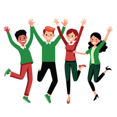 Obraz premium Illustration of four friends jumping with joy, diverse in appearance with different hair colors and skin tones, symbolizing friendship and unity