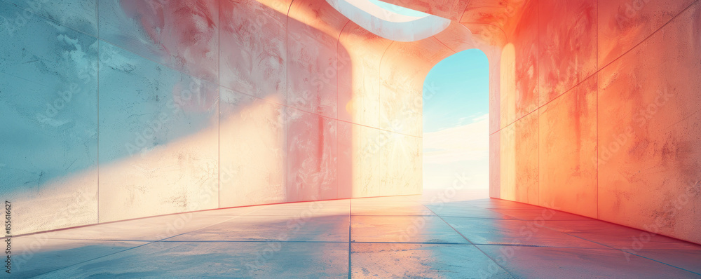 Poster a large, empty room with a large archway in the middle. the archway is lit by the sun, creating a wa