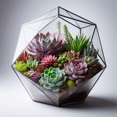 Geometric Glass Terrarium with Succulents on White Background