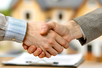 An estate agent and a customer shake hands, sealing a deal with a contract signature