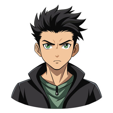 A digital illustration of an anime male character with spiky black hair and green eyes