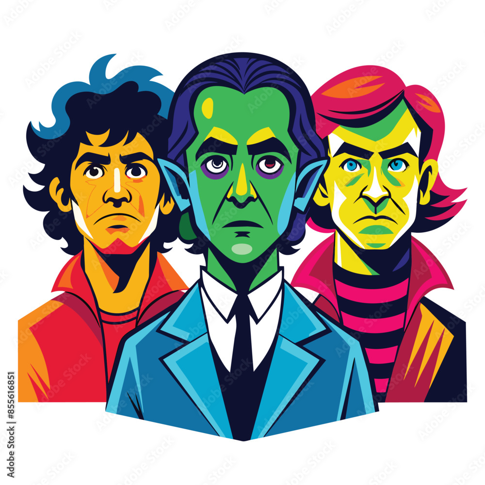 Poster 3 colorful characters with unique styles seen in pop art against a white background