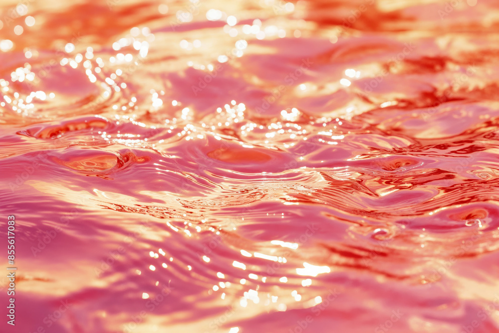 Poster close up of glossy red water surface with reflections of sunlight.