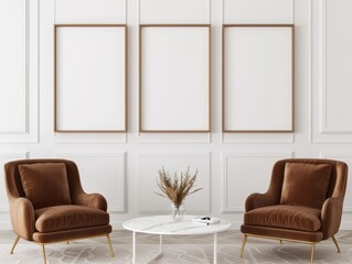 Elegant living room with soft brown velvet armchairs