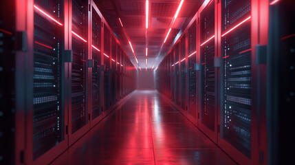 A visually captivating image of a modern data center with a long hallway illuminated by red ambient lighting