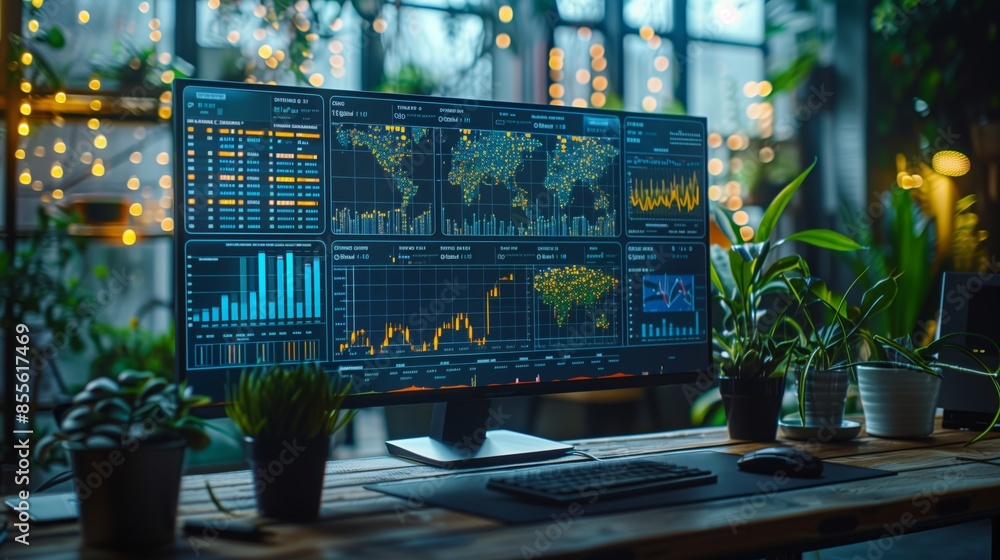 Poster financial analytics workspace with data visualization. modern workspace with a large screen displayi