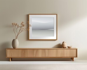 A large wooden picture frame on a wall with a white background