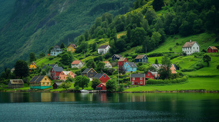 A verdant, hilly summer landscape showcasing a Norwegian village beside a fjord with reflecting waters and vibrant homes