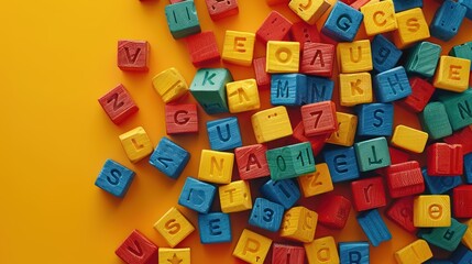 Colorful Wooden Alphabet Blocks Scattered on a Yellow Background