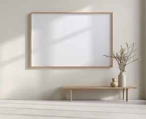 A large wooden picture frame on a wall with a white background