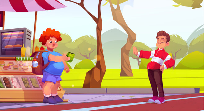 Boy refuse from unhealthy food. Kid share snack in park with green grass meadow scenery. Athlete racetrack near american burger kiosk illustration. Child character generous with malnutrition design