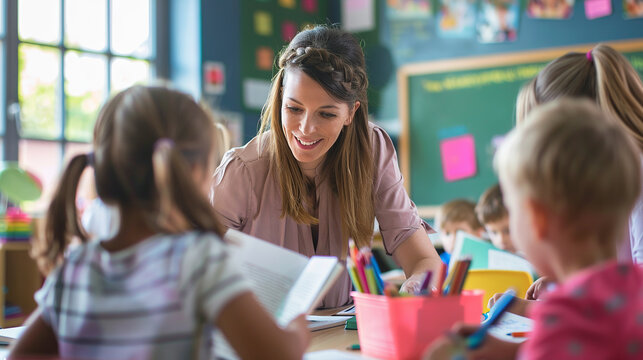 A teacher interacts with young students during an art class, surrounded by colorful materials and a lively classroom atmosphere.