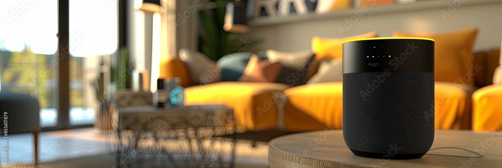 Fototapete A sleek voice assistant device sits on a table in a stylish living room, ready to interact with users. Generative AI
