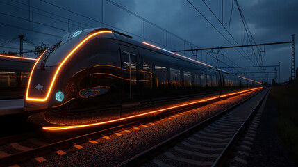 An artistic depiction of a sleek, modern passenger train with glowing orange lights speeding on tracks during twilight