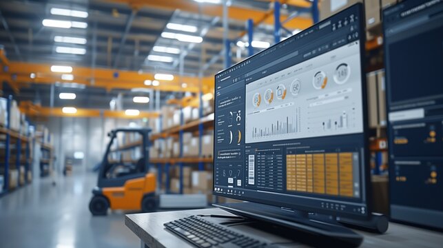Warehouse Efficiency with Logistics Software. Computer monitor displaying logistics software, enhancing efficiency in a warehouse with a forklift and stacked pallets in the background.