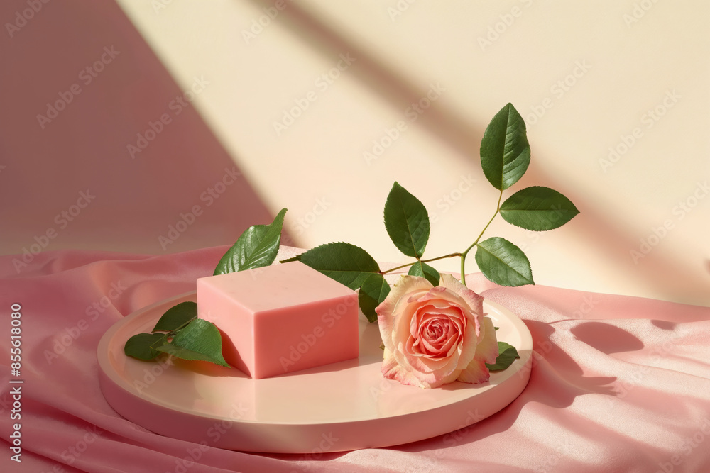 Poster pink box with a rose and green leaves on a round tray with pink fabric and beige background