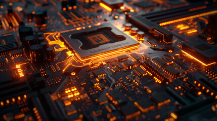 A close-up of an illuminated circuit board with a processor chip highlighting technology and innovation