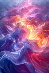 Obraz premium Abstract colorful flowing fabric waves in shades of purple, pink, and orange, illuminated with vibrant light creating a surreal and ethereal atmosphereAbstract