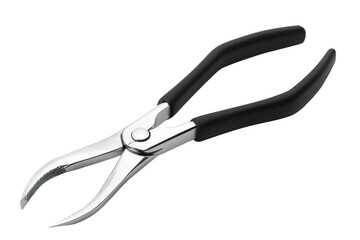 Obraz premium A pair of metal pliers with black rubber handles isolated on a white background, ideal for a stock photo in tools or DIY projects.