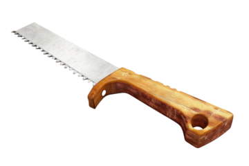 Close-up of a hand saw with a wooden handle, used for cutting wood and other materials in woodworking and carpentry.