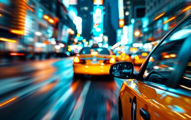 Blurred city streets at night with yellow taxis speeding through vibrant, illuminated urban...