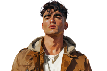 Digital illustration of a confident man in casual clothing with a leather jacket and hoodie, set against a plain background.