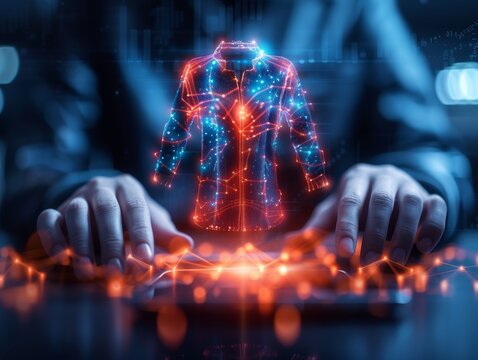 Futuristic fashion design represented by a digital hologram of a jacket, showcasing innovative technology in the apparel industry.