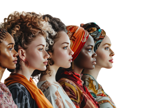 Diverse group of women in profile, showcasing unity, strength, and beauty in colorful attire. Women's empowerment and diversity.