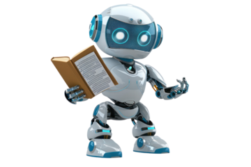 Friendly robot holding a book, representing technology and education. Ideal for futuristic, AI, and robotics themed visuals.