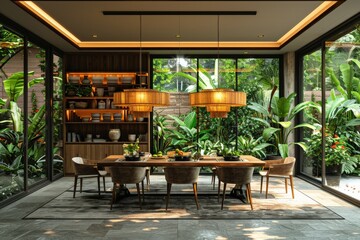Fototapeta premium Luxurious modern dining room with glass walls, natural greenery background, stylish wooden table setting, and ambient lighting designDining room