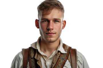 Handsome young man with blond hair, wearing a leather jacket and white shirt, looking confidently at the camera, isolated on white background.