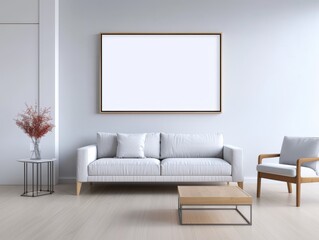 A simple and elegant modern living room with a large blank picture frame on the wall