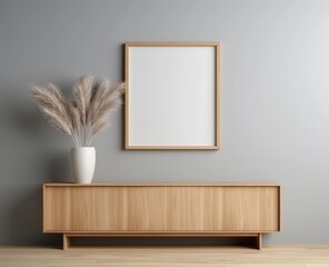 A simple wooden frame mockup hanging on an empty wall