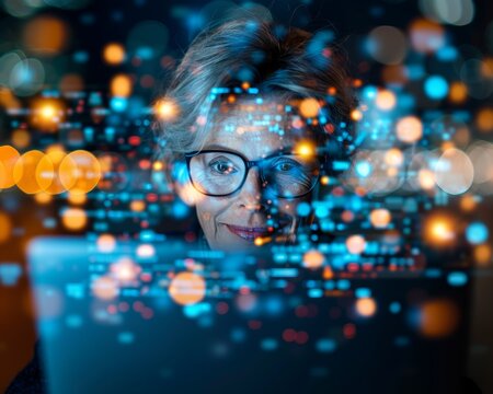 Senior woman using a laptop with a digital interface. Concept of technology, innovation, and modern senior life. - Powered by Adobe