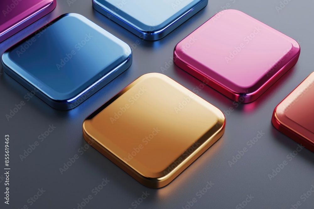 Poster close-up shot of four colorful square buttons with different textures and patterns