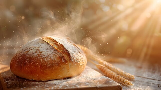 Freshly Baked Bread Cooling on Wooden Surface with Warm Sunlight Symbol of Home and New Beginnings
