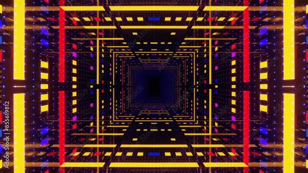 Poster 4k seamless looped animation. fly through mirror symmetrical tunnel with neon pattern, sci fi glow p