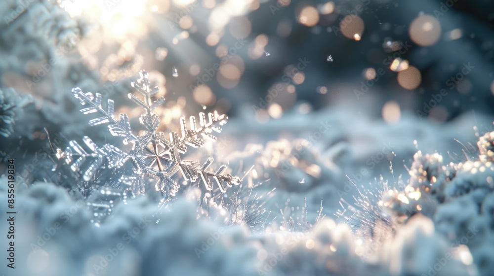 Aufkleber close-up view of a delicate snowflake on a tree branch