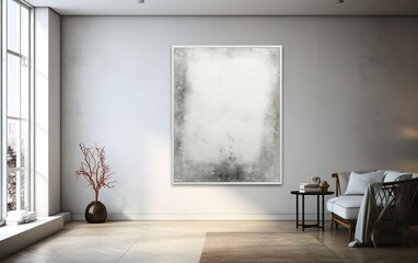Minimalistic style art studio space mockup. Huge white framed blank art canvas on large wall in minimal room. Soft day light. Gallery, exhibition, exposure. AI Generative.