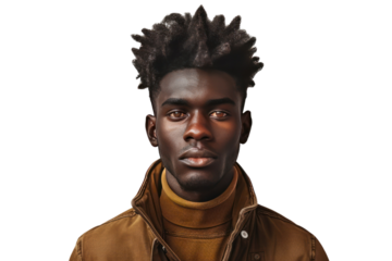 Portrait of a young man with a serious expression wearing a brown jacket, isolated on a white background.