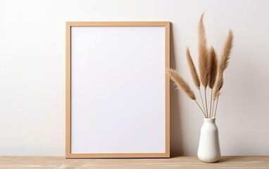 Minimalistic design. Mock up poster frame, vase with dry pampas grass in vase on wooden shelf and white wall background. Natural concept. Clay, glass, paper and wood. AI Generative.