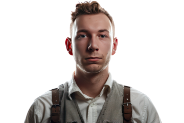 Portrait of a young man with short hair and suspenders against a black background, staring directly at the camera