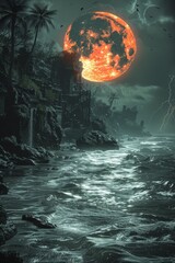 Obraz premium Dark and Moody Coastal Scene with Dramatic Full Moon, Crashing Waves, Palm Trees, and Stormy Sky Lit by Lightning and Birds in FlightMoody