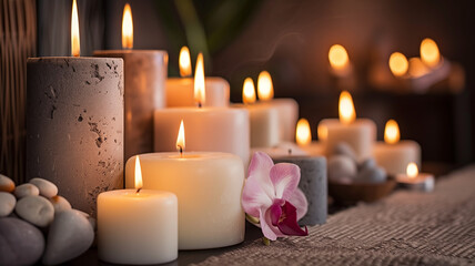 Candles burning on a table, closeup.