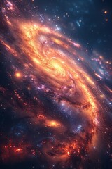 The majestic spiral galaxy in the cosmos, glowing in vibrant orange and blue nebulae, stars, and interstellar dust clouds.galaxy
