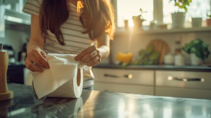 A woman cleaning a kitchen countertop with a napkin, compact and straightforward