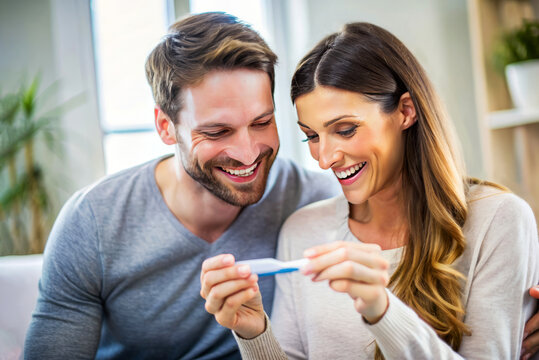 Happy couple checking a positive pregnancy test, sharing a joyful and excited moment together in a bright home setting.